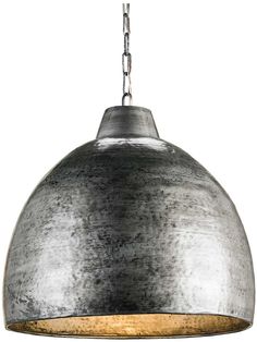 a large metal light hanging from a chain