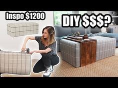 a woman kneeling down in front of a couch with the words diy $ 1, 000