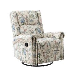 the reclining chair is upholstered with floral fabric