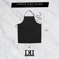 the apron size guide for chef aaron is shown in black and features an adjustable neckline