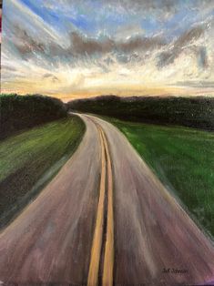 an oil painting of a dirt road in the middle of a green field at sunset