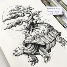 an ink drawing of a turtle with a tree on its back