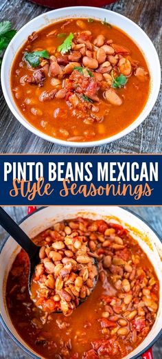 pinto beans mexican style in a white bowl with the title above it, and an image of