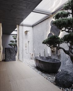 a bathroom with a large stone bathtub next to a bonsai tree