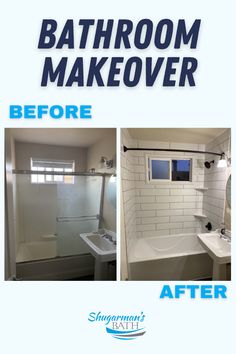 before and after photos of a bathroom remodel