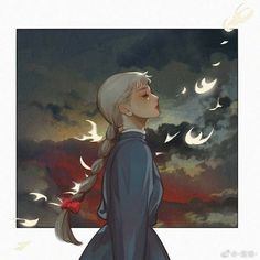 a drawing of a woman with long hair and braids looking up at the sky