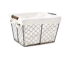 a chicken wire basket is shown with the lid open and it's white cover