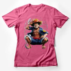 Anime-Inspired Pirate Captain T-Shirt, Quirky Cartoon Character Tee, Unique Graphic Shirt, Cool Casual Streetwear, Vibrant Print Top Female T-Shirt Custom graphic T-Shirt.Customize your color Pink Short Sleeve Tops With Character Print, Short Sleeve Pink Tops With Character Print, Pink Graphic Print Fan Apparel T-shirt, Pink Crew Neck T-shirt Fan Apparel, Pink Crew Neck T-shirt For Fans, Pink Short Sleeve Shirt With Character Print, Pink Cotton Fan Apparel Tops, Pink Short Sleeve T-shirt With Front Print, Pink Crew Neck Top For Fans