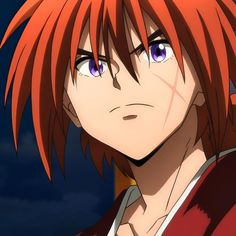 an anime character with red hair and blue eyes looks at the camera while staring into the distance