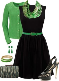 Black And Green Outfit, Green Cardigan, Green Outfit, Green Accents, Black Green, 4 H, Polyvore, Green, Black