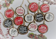 twelve christmas cookies decorated with handwritten words