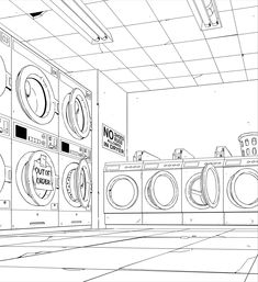 a line drawing of a laundry room with washers and dryers in the background