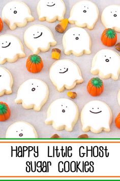 A flatlay of Happy Little Ghost Sugar Cookies. Summer Jello Shots, Ghost Sugar Cookies, Halloween Backen, Pasteles Halloween, Easy Halloween Cookies, Halloween Cookie Recipes, Halloween Cookies Decorated, Halloween Sugar Cookies, Ghost Cookies