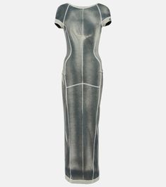 Raze printed cotton maxi dress in grey - KNWLS | Mytheresa Fitted Long Cotton Maxi Dress, Fitted Floor-length Cotton Maxi Dress, Printed Flare Pants, Column Skirt, Midi Flare Skirt, Cotton Maxi Dress, Grey Maxi Dress, Satin Pumps, Cotton Maxi