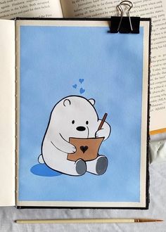 Cute painting/drawing of bear cartoon Aesthetic Drawing For Journal, Aesthetic Drawings For Sketchbook, We Bare Bears Aesthetic Painting, Cartoon Characters Aesthetic Drawing, Aesthetic Drawing With Watercolor, Aesthetic Drawing Journal, Small Art Canvas Ideas, Cute Small Characters, Cute Cartoon Canvas Paintings