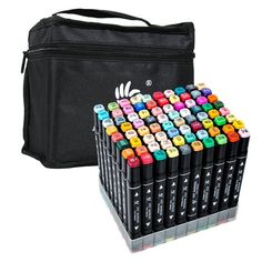 a black bag with many different colored crayons in it next to a set of markers