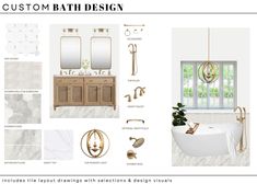 the bathroom design is shown in white and gold