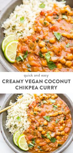 creamy vegan coconut chickpea curry with limes and cilantro on the side