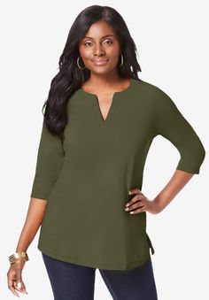 Give your everyday wardrobe a refresh with this notch neck tunic. Pair it with jeans or trousers to finish your look. Relaxed silhouette3/4 sleevesSide slitCotton/spandex30" lengthMachine wash; Imported Green Tops For Women, Tunic Tops Outfit, Olive Green Top, Thermal Sweater, Big Shirt, Dark Olive Green, Sweater Collection, Cold Weather Outfits, Sweater Tank Top