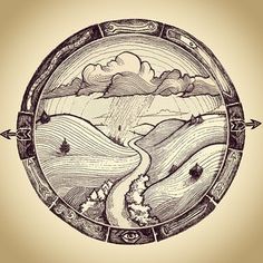 a drawing of a landscape in a circle