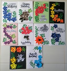 a bunch of cards that have flowers on them with the words happy birthday written on them