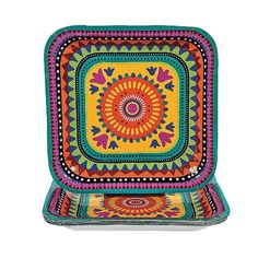 a colorful plate with an intricate design on the front and sides, set against a white background