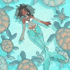 a drawing of a mermaid surrounded by sea turtles