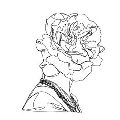 a black and white drawing of a rose in a vase with a man's face