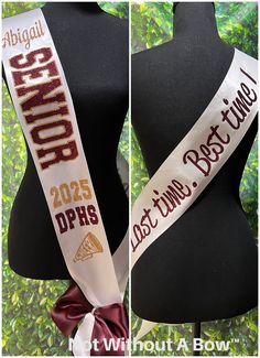 two pictures of the same sash on a mannequin's torso, one with an award ribbon around it