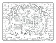 a coloring page for children with a christmas scene in the window and presents on the shelf