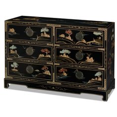 A Chinoiserie motif of blossoming trees, idyllic landscapes, and noble personages are skillfully hand painted on raised gesso over this beautiful chest of drawers. It is a perfect addition to your hallway, dining room, or bedroom. The design continues on the top and two sides, while polished cast brass hardware is symmetrically fitted at the center of each drawer. The piece is finished in a rich and shiny black lacquer finish to produce a truly eye-catching piece of furniture. Inlaid Furniture, Chinese Bathroom, Chinoiserie Furniture, Floor Screen, Asian Wall Art, Chinoiserie Motifs, China Furniture, Asian Home Decor, Jewelry Chest