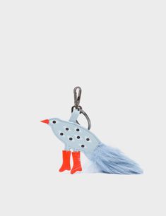 Bird In Boots Charm - Light Blue Leather Keychain - Front View Playful Blue Pouch Bags, Leather Elephant Keychain, Leather Animal Keychain, Leather Bag Charm With Interior Key Chain For Travel, Leather Horse Keychain, Bird Keychain, Fluffy Tail, Faux Fur Material, Eye Details