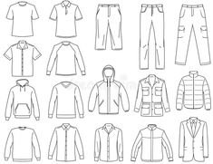 a set of men's clothes and jackets, hand drawn in black ink on white paper