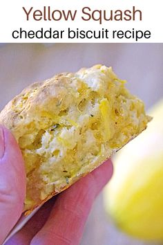 a person holding a biscuit in their hand with the words yellow squash on it