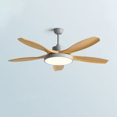 a ceiling fan with two wooden blades and a white light on the top, against a blue sky background