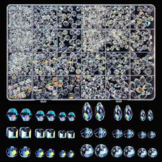 an array of different shapes and sizes of diamonds on a black background with other images