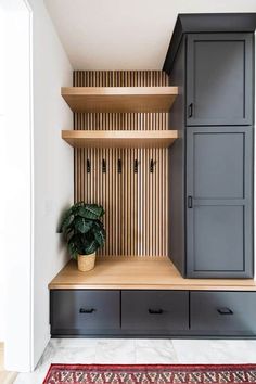 a room with some shelves and a potted plant