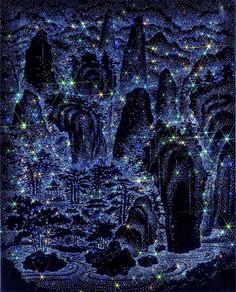 a painting with many lights on it and some trees in the foreground, all lit up