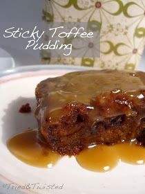 sticky toffe pudding on a plate with caramel sauce