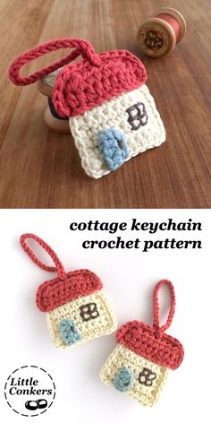 two crocheted keychains are shown with the words cottage keychain crochet pattern