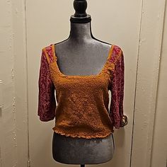 Free People Nwt Marigold Tee Smocked Colorblock Short Sleeve Golden Combo Xl New Style #Ob1434162 New With Tags Retail $78 Smocked Bodice Jersey Fabric Sleeves Colorblock Design Revolve Style No. Free-Ws3691 Manufacturer Style No. Ob1434162 60% Cotton, 40% Modal Made In India Machine Wash Approximate Flat Measurements: Pit To Pit 16" Shoulder To Hem 20" Color Golden Combo Bohemian Orange Patchwork Tops, Fitted Orange Patchwork Top, Hemp Clothes, Blue Velvet Top, People Cutout, Hemp Clothing, Revolve Style, Free People Tank Top, Embroidered Crop Tops