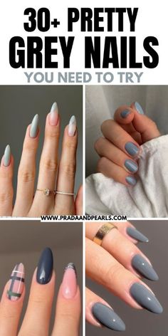 Nail Designs Grey And Black, Gray White And Black Nails, Gray Natural Nails, Dark Gray French Tip Nails, Black And Gray Nails Ideas, Grey And White Nails Ideas, Almond Grey Nails, Dark Grey Nails With Design, Grey Almond Nails Design