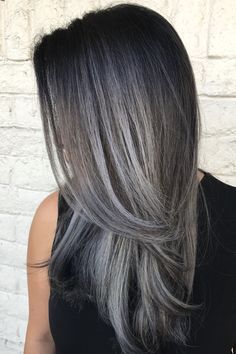 gunmetal hair - Google Search Dark Grey Hair Color, Ash Grey Hair, Silver Hair Highlights, Dark Grey Hair, Black Hair Balayage