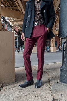 The Hitmaker: slim fit, burgundy pants with a medium rise. A great, narrow taper from thigh to hem. Can be worn as dress or casual pants. Photographed in Bucktown, Chicago. Burgundy Pants, Fit Pants, Slim Fit Pants, Pair Of Pants, Casual Pants, Chicago, Twist, Slim Fit, Wardrobe