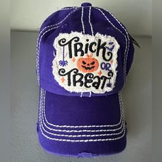 Kbethos Brand Halloween Trick Or Treat Pumpkin Baseball Cap Hat Purple Fully Adjustable By Velcro Distressed Super Cute!! Purple Trucker Hat With Curved Brim, One Size, Purple Trucker Hat With Curved Brim, Purple Trucker Hat One Size, Purple Curved Brim Trucker Hat, Purple Snapback Baseball Cap, Purple Baseball Cap One Size, Purple Casual Hat For Fall, Purple One Size Fits Most Baseball Cap, Purple Hat With Curved Brim One Size Fits Most