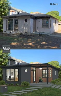 before and after photos of a small house