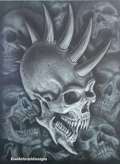 a drawing of skulls with spikes on their head and horns in the middle of them