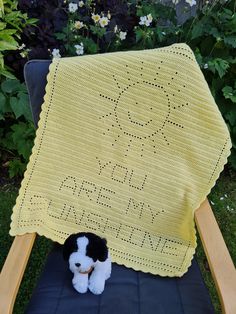 a crocheted blanket sitting on top of a chair next to a stuffed animal