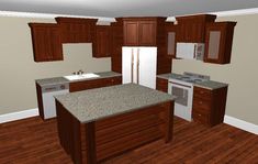 this is a computer rendering of a kitchen with wood cabinets and granite countertops