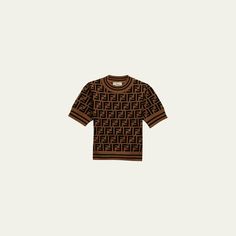 Fendi sweater with allover signature FF monogram Crew neckline Short sleeves Banded cuffs and hem Contrast trim Pullover style  Viscose/polyester Made in Italy Ff Monogram, Fendi Sweater, Fendi Kids, Ff Logo, Logo Knit, Knit Polo, Kenzo Kids, Short Sleeve Sweater, Monogram Prints